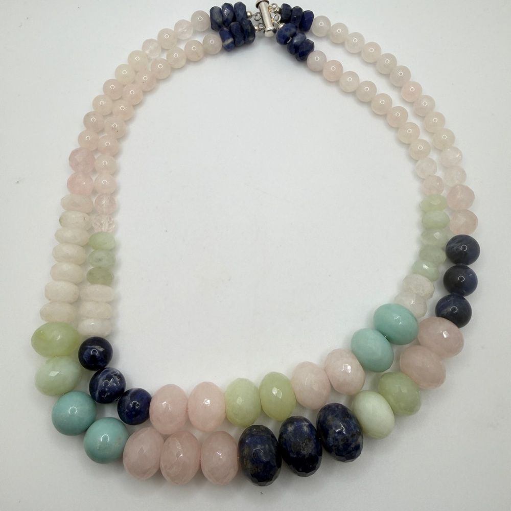 16" Multi-stone, graduated rondelle/round shaped beaded artisan necklace w/ 925!